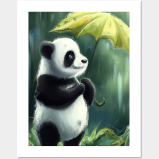 Panda with Leaf Umbrella Posters and Art